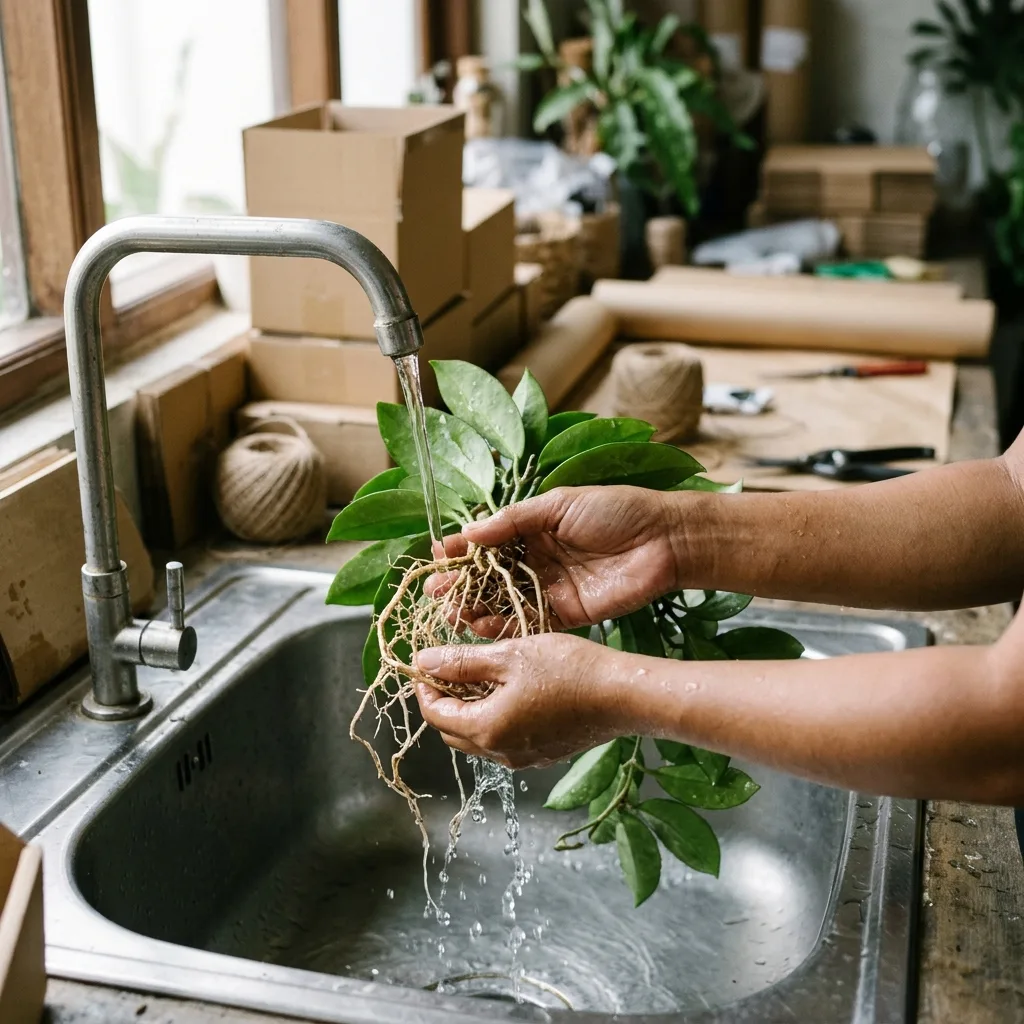 Illustration of soil being rinsed away from exposed plant roots under running water